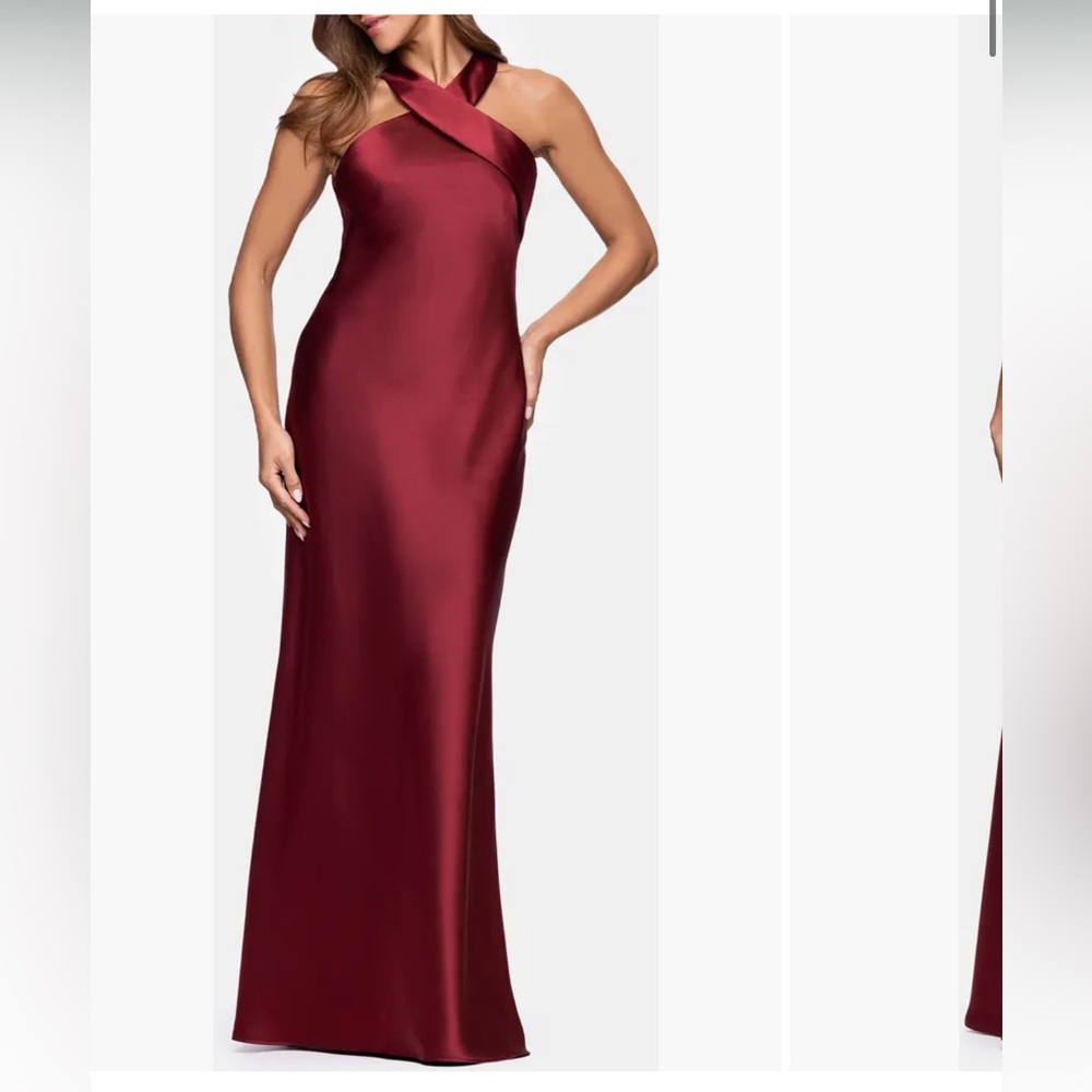 NWOT Xscape burgundy satin halter gown